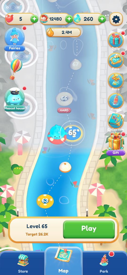 The level map: a lazy river with numbered rings and event buttons