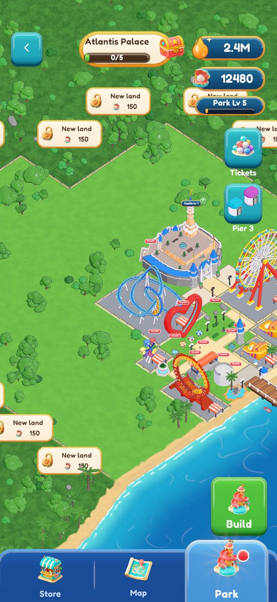 The park builder: a theme park with a castle, roller coaster and ferris wheel by the sea