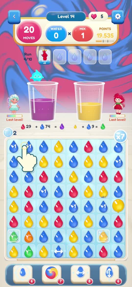 A puzzle level: a board of blue, red and yellow drops below two cups being filled with purple and yellow paint